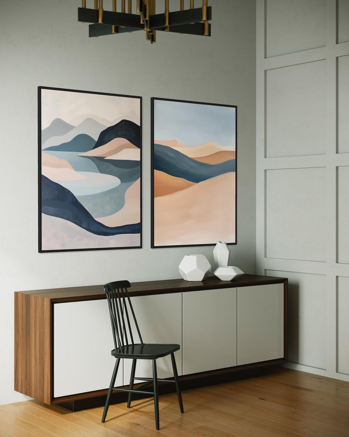 Modern interior with a console table, chair, and abstract wall art.