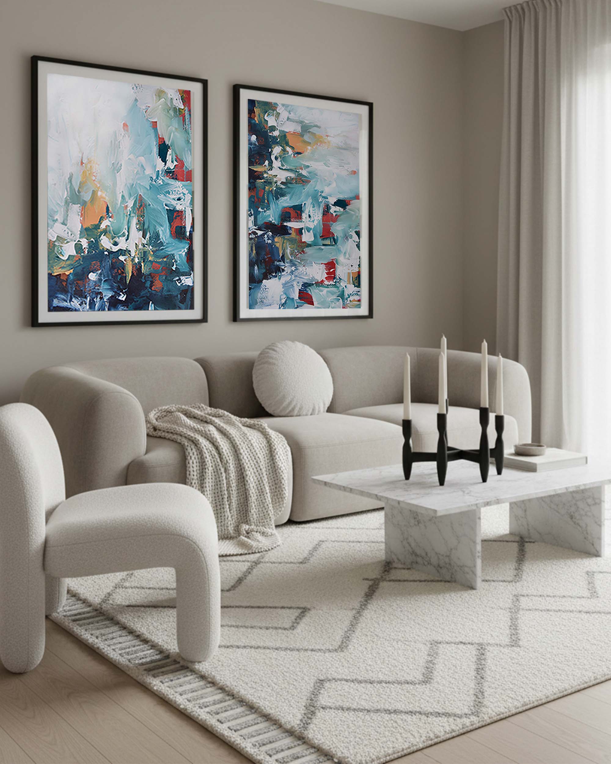 Modern living room with abstract art, a sofa, and a coffee table.