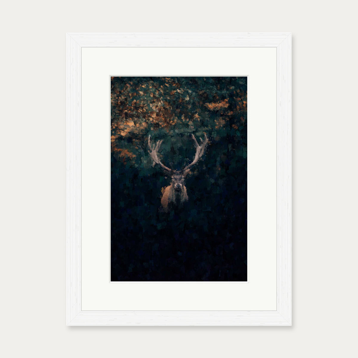 Red Deer Stag In Winter Art Print — 30 x 40 cm — White Frame