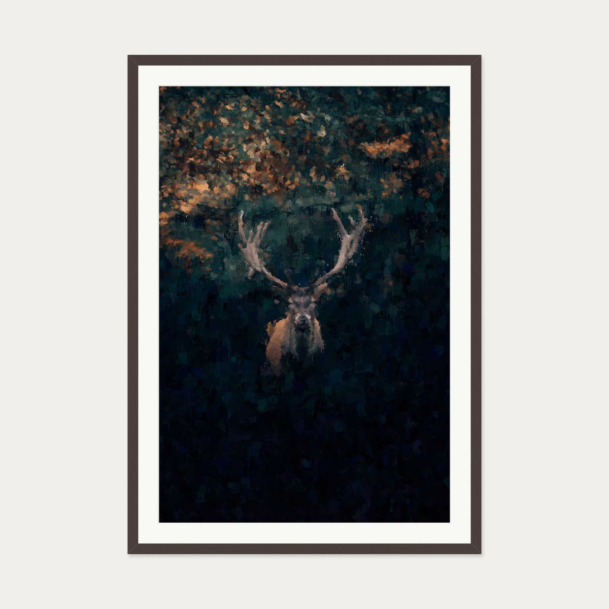 Red Deer Stag In Winter Art Print — 70 x 100 cm — Brown Frame