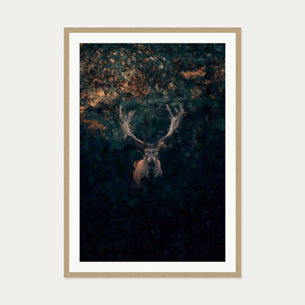 Red Deer Stag In Winter Art Print — 70 x 100 cm — Oak Frame