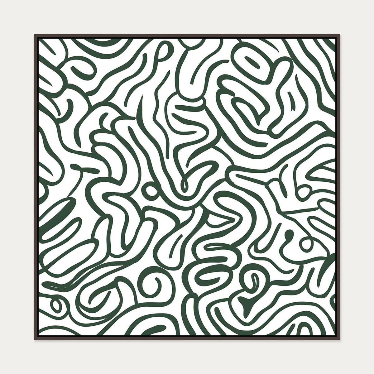 Retro Green Curves Canvas Art — 100 x 100 cm — Brown Frame