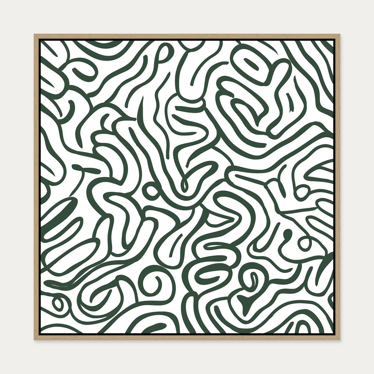 Retro Green Curves Canvas Art — 70 x 70 cm — Oak Frame