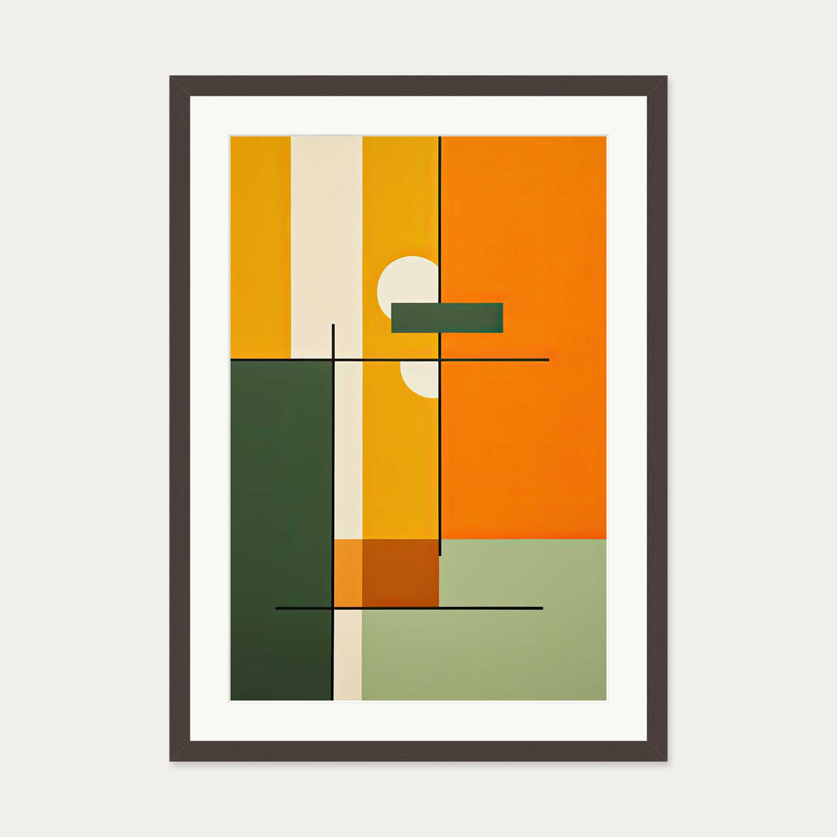 Retro Sage Abstract Art Print — 50 x 70 cm — Brown Frame