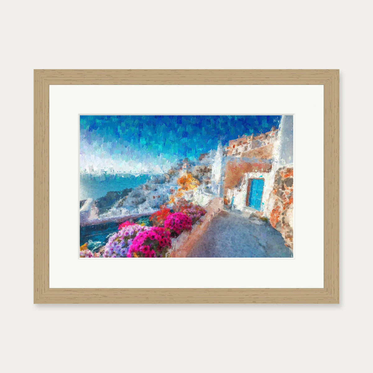 Santorini View Over The Bay Art Print — 30 x 40 cm — Oak Frame