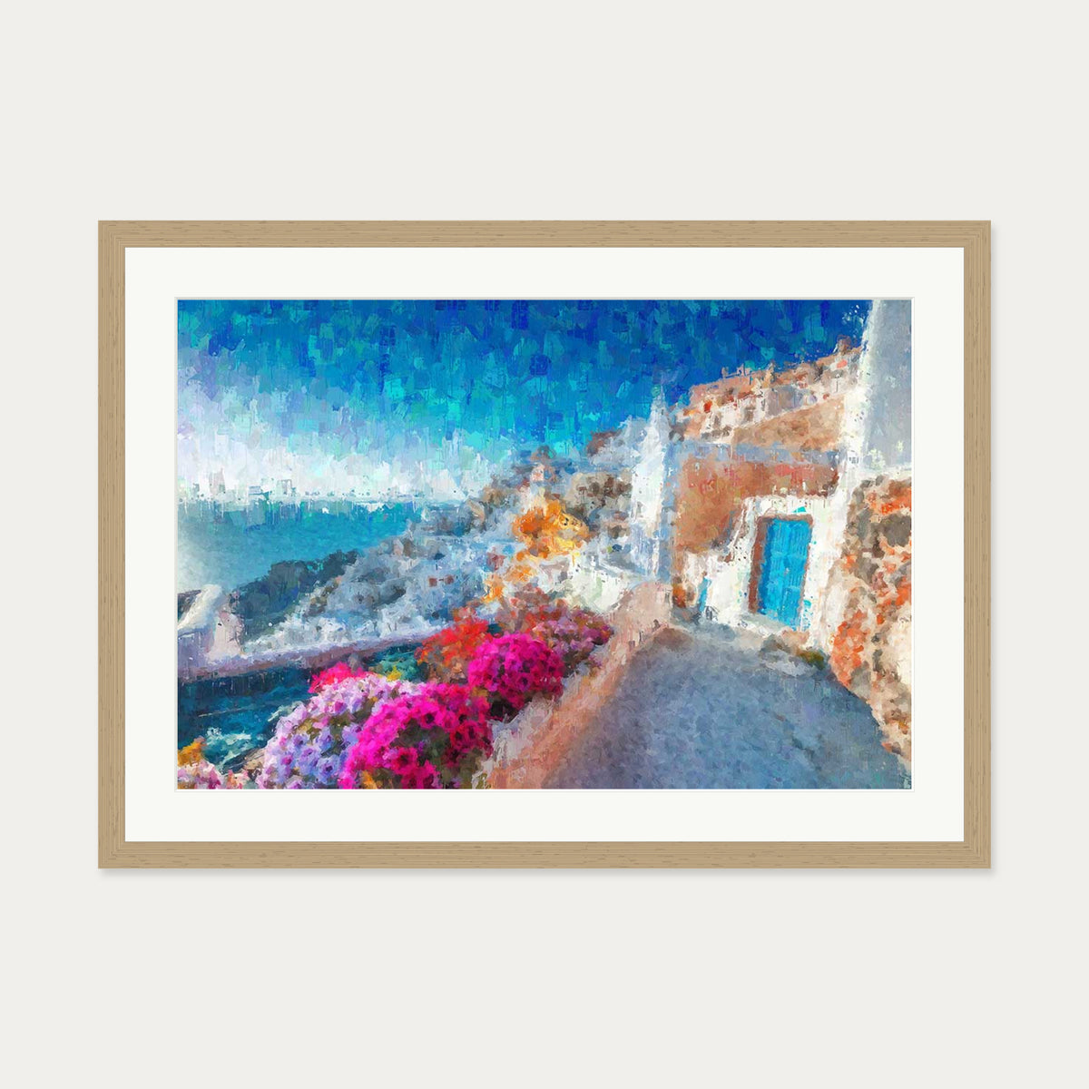 Santorini View Over The Bay Art Print — 50 x 70 cm — Oak Frame