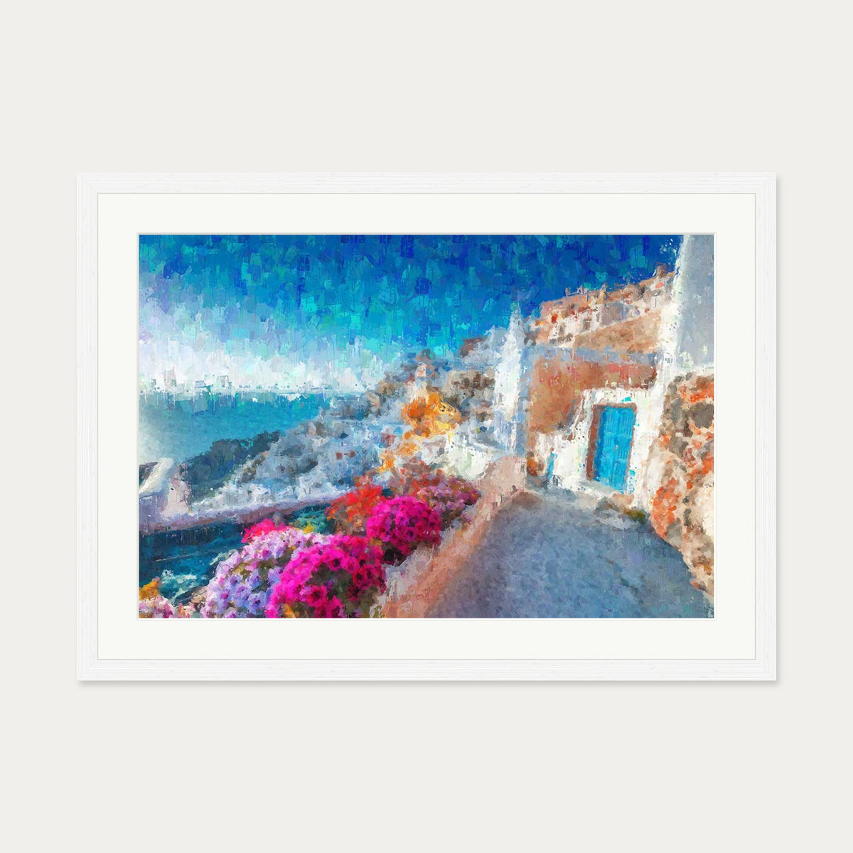 Santorini View Over The Bay Art Print — 50 x 70 cm — White Frame
