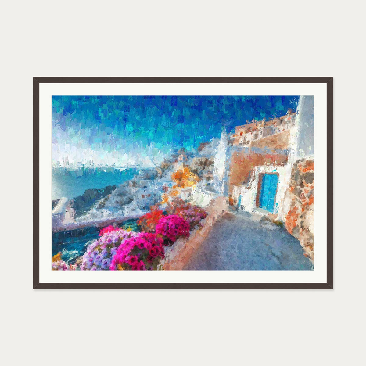 Santorini View Over The Bay Art Print — 70 x 100 cm — Brown Frame
