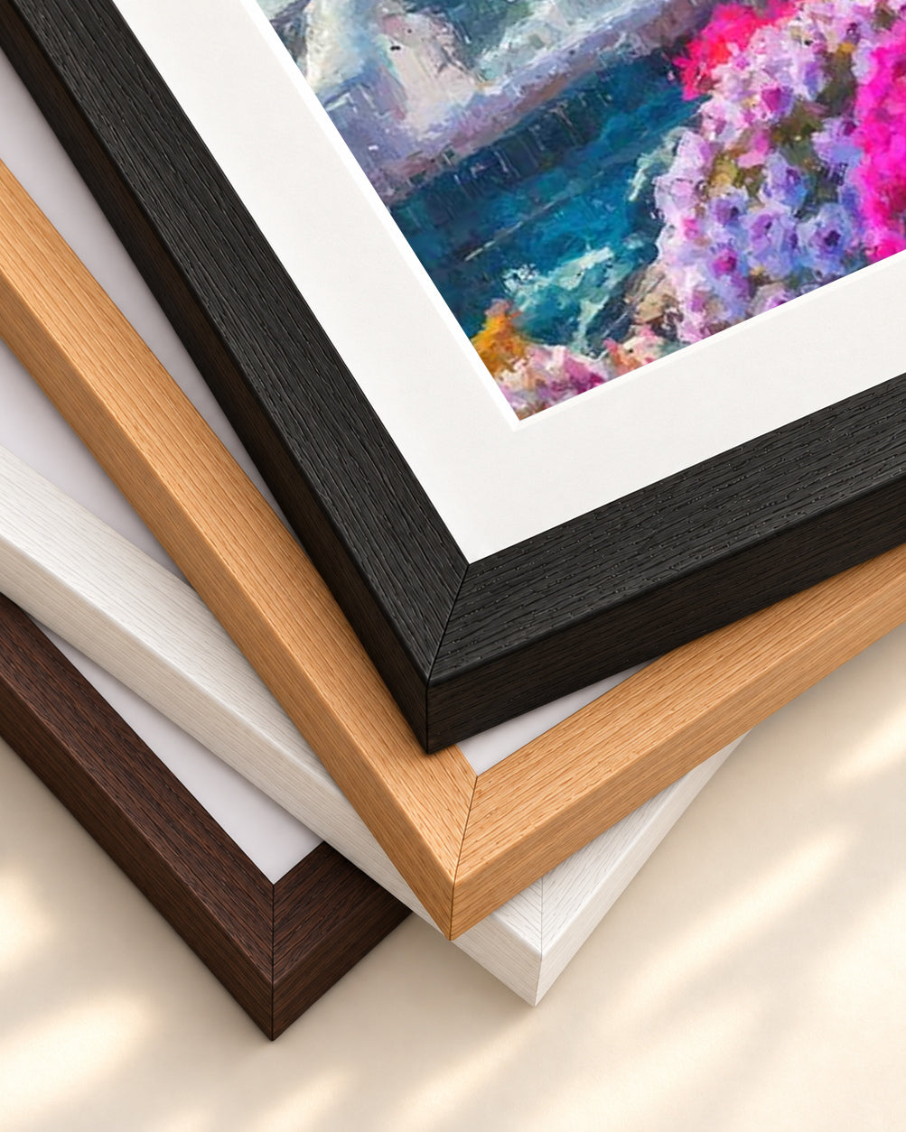 Santorini View Over The Bay Art Print — framed print corner with 5 cm mount and bevel
