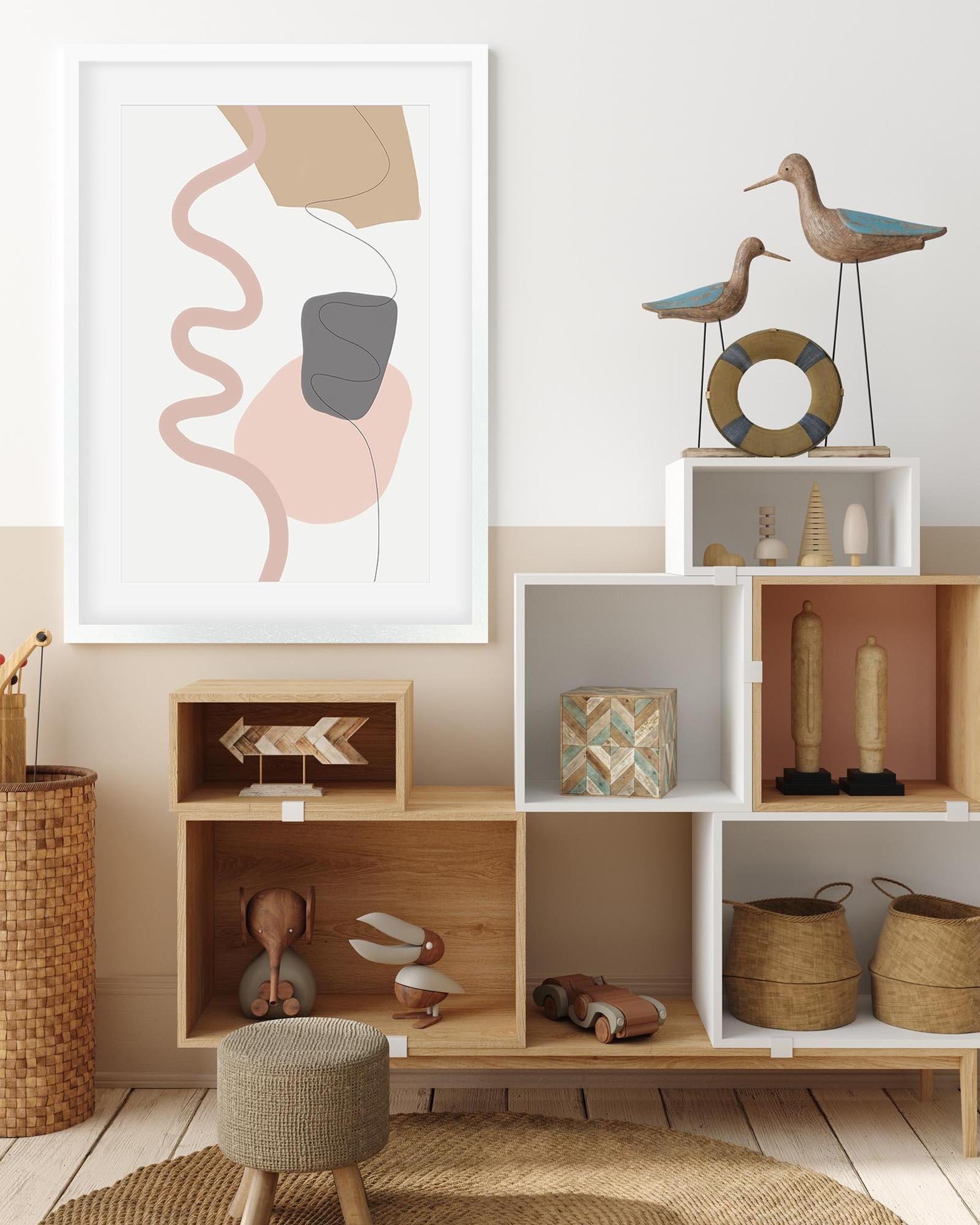 Modern interior with wooden shelves, abstract art, and decorative items.