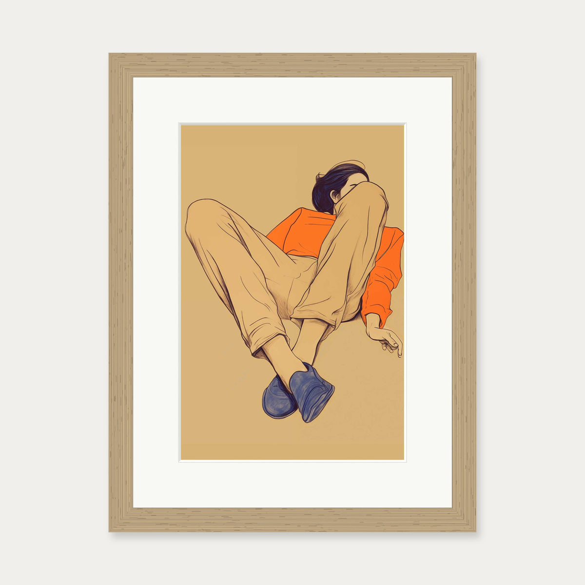 Seated Poise Figurative Art Print — 30 x 40 cm — Oak Frame
