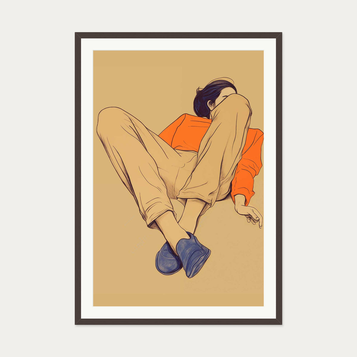 Seated Poise Figurative Art Print — 70 x 100 cm — Brown Frame