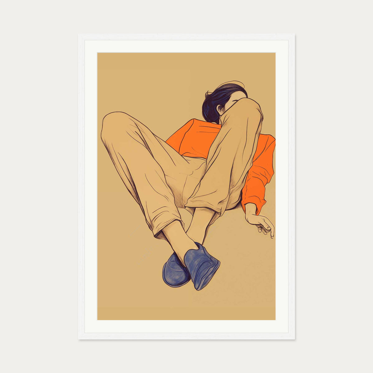 Seated Poise Figurative Art Print — 70 x 100 cm — White Frame