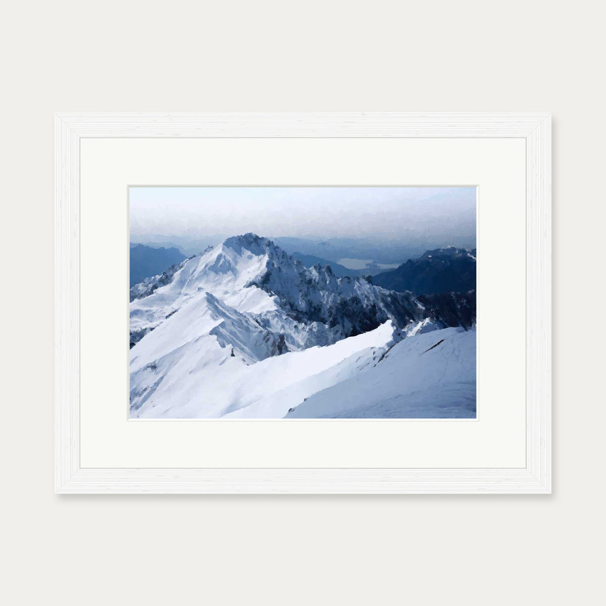 Snowy Mountain Impressionist Art Print — 30 x 40 cm — White Frame