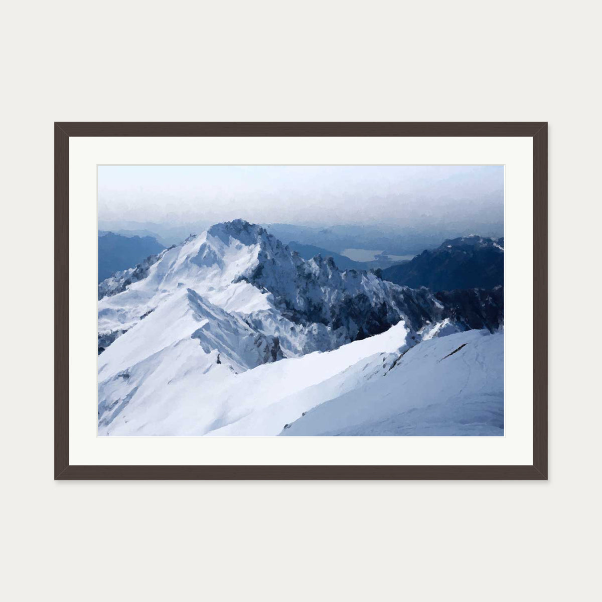 Snowy Mountain Impressionist Art Print — 50 x 70 cm — Brown Frame