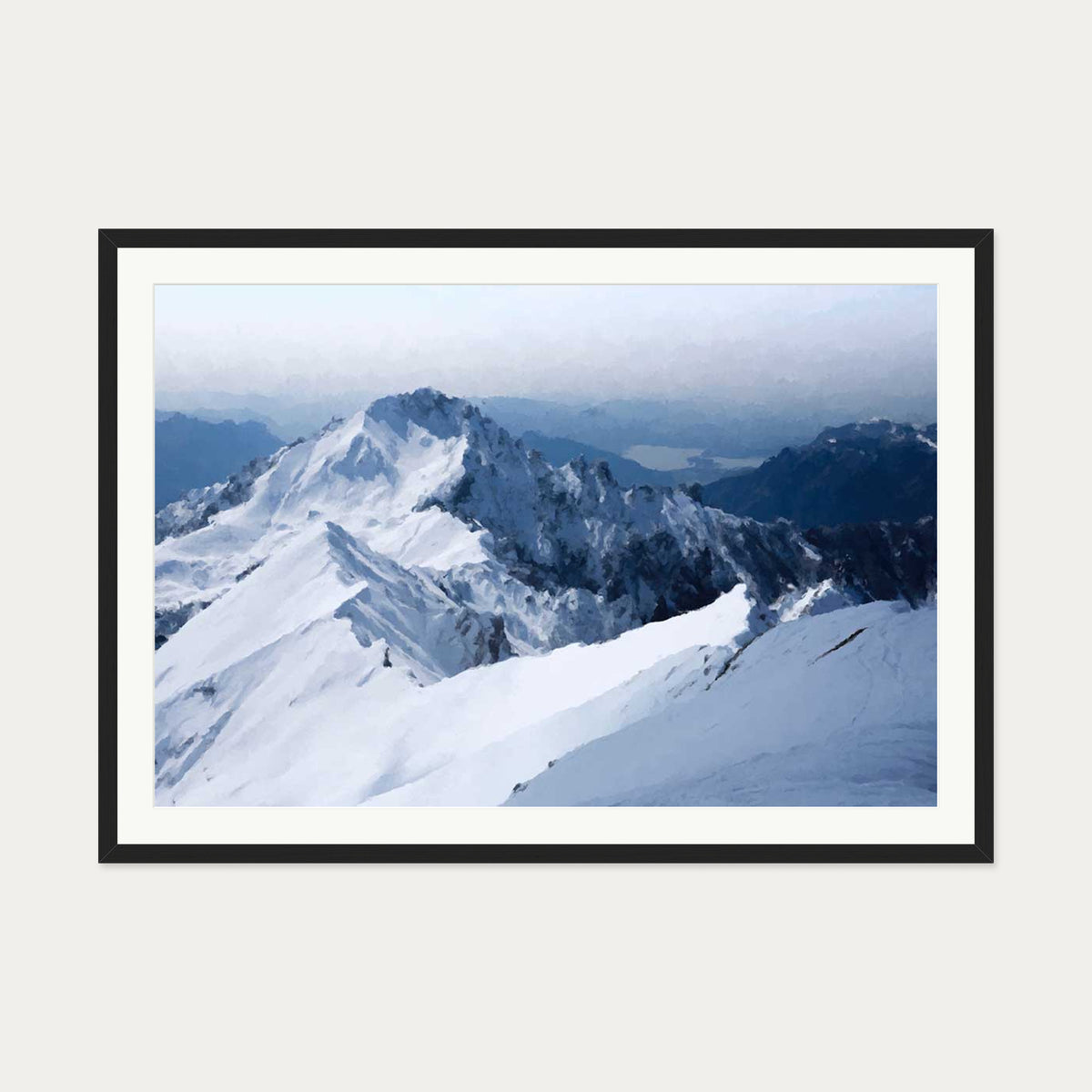 Snowy Mountain Impressionist Art Print — 70 x 100 cm — Black Frame