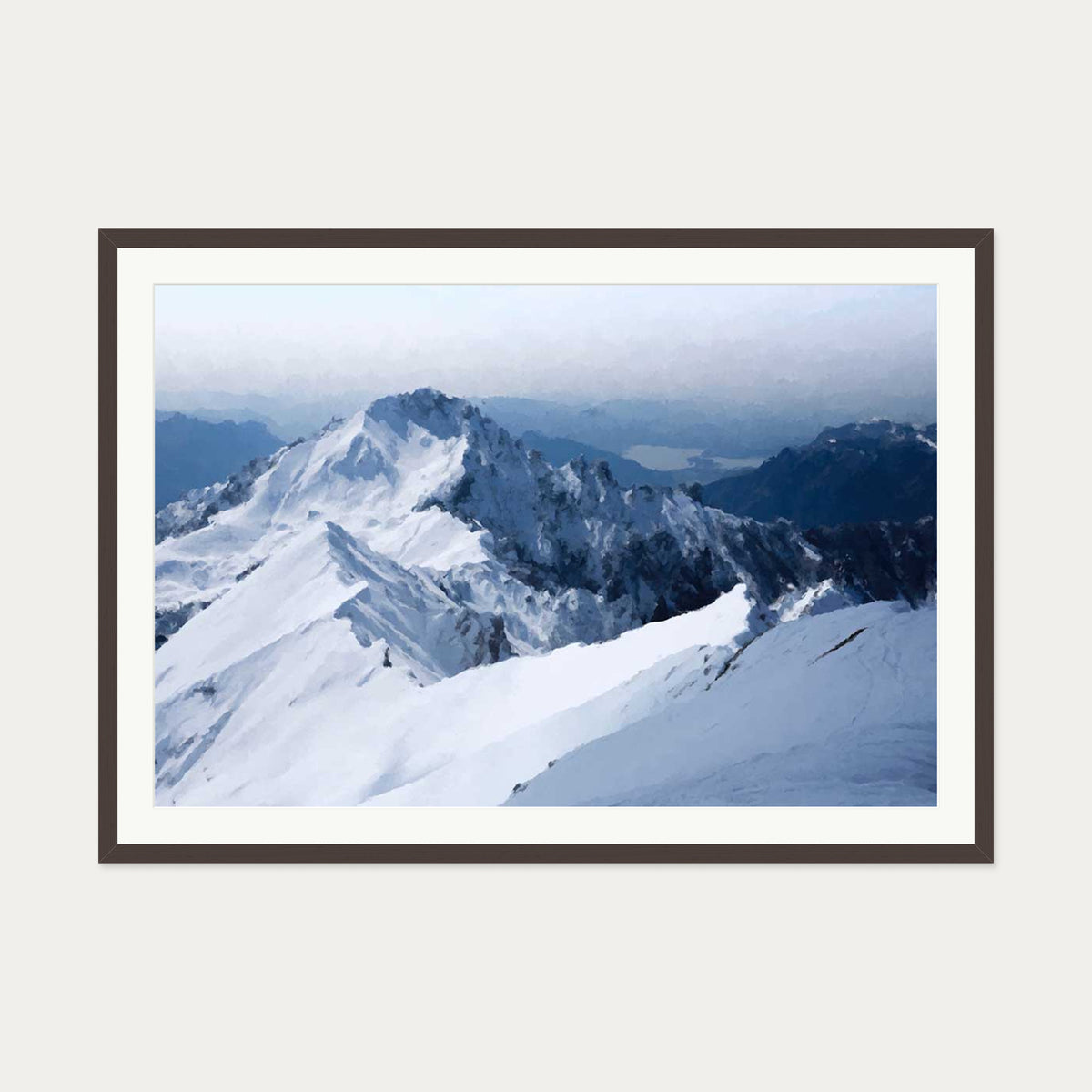 Snowy Mountain Impressionist Art Print — 70 x 100 cm — Brown Frame