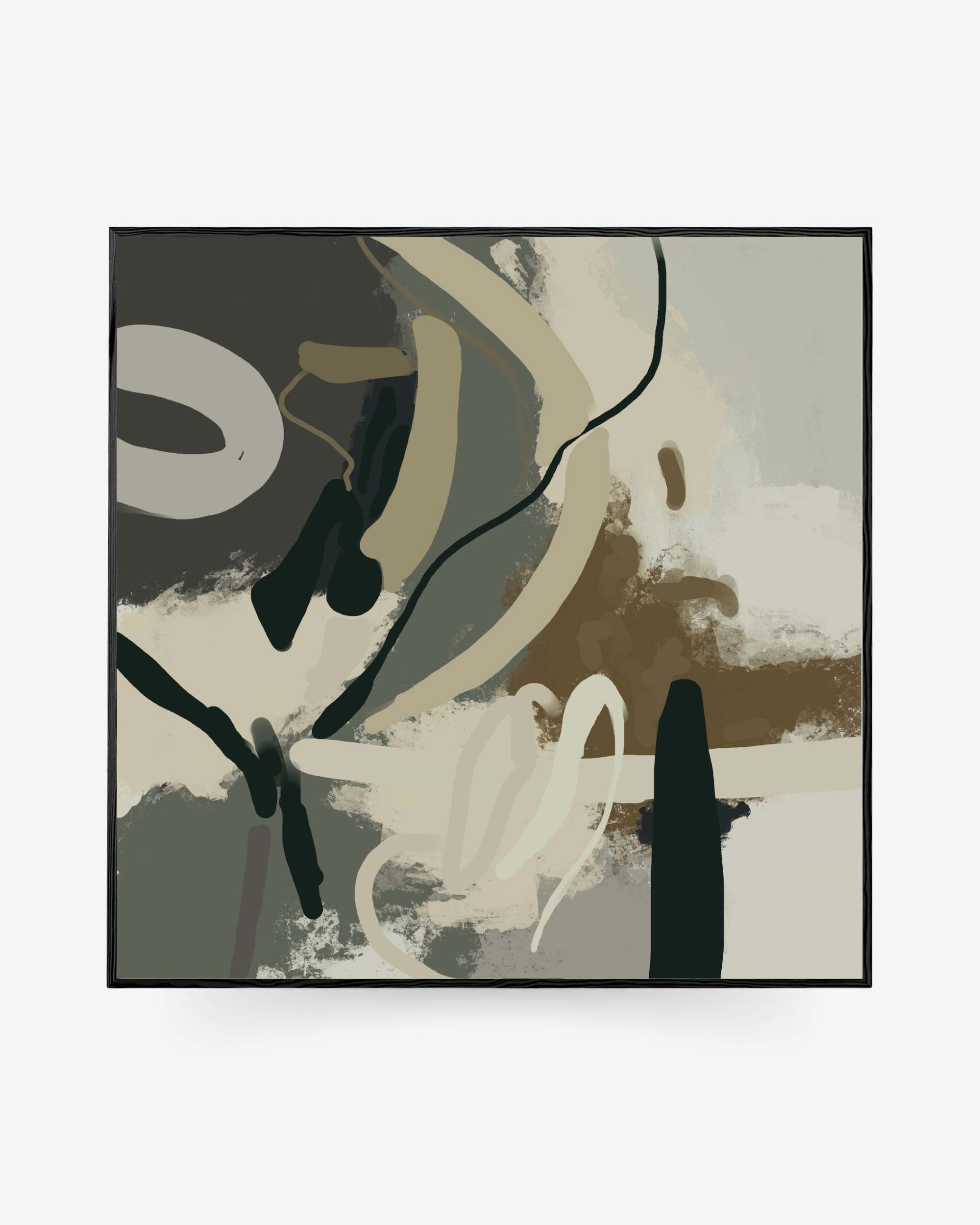 A framed canvas featuring an abstract brown camouflage pattern with a square shape, displayed on a white background.