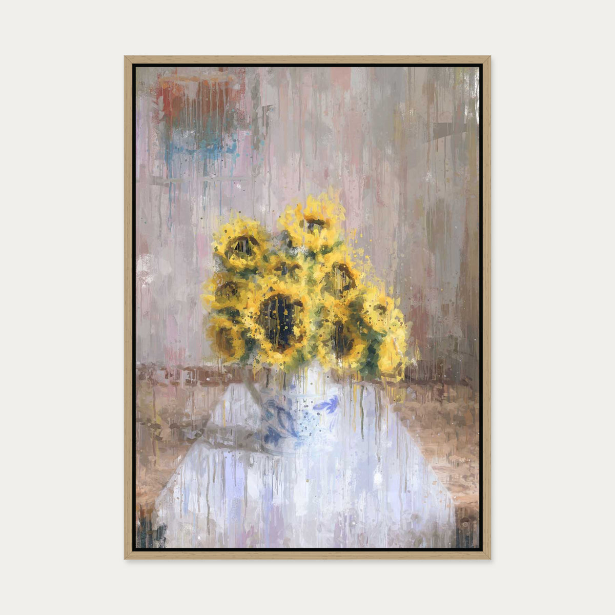 Sunflowers In A Vase Still Life Canvas Art — 50 x 70 cm — Oak Frame