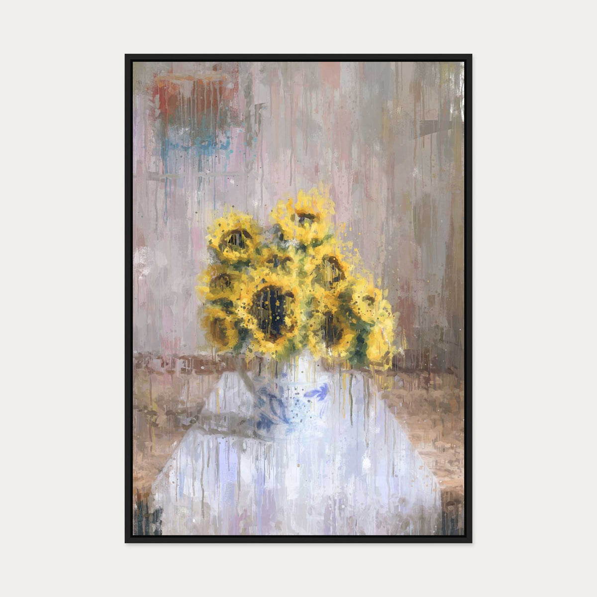 Sunflowers In A Vase Still Life Canvas Art — 70 x 100 cm — Black Frame