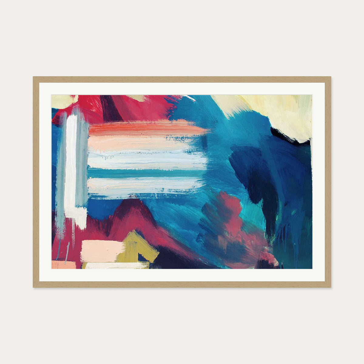 Teal Abstract Wall Art Print — 70 x 100 cm — Oak Frame