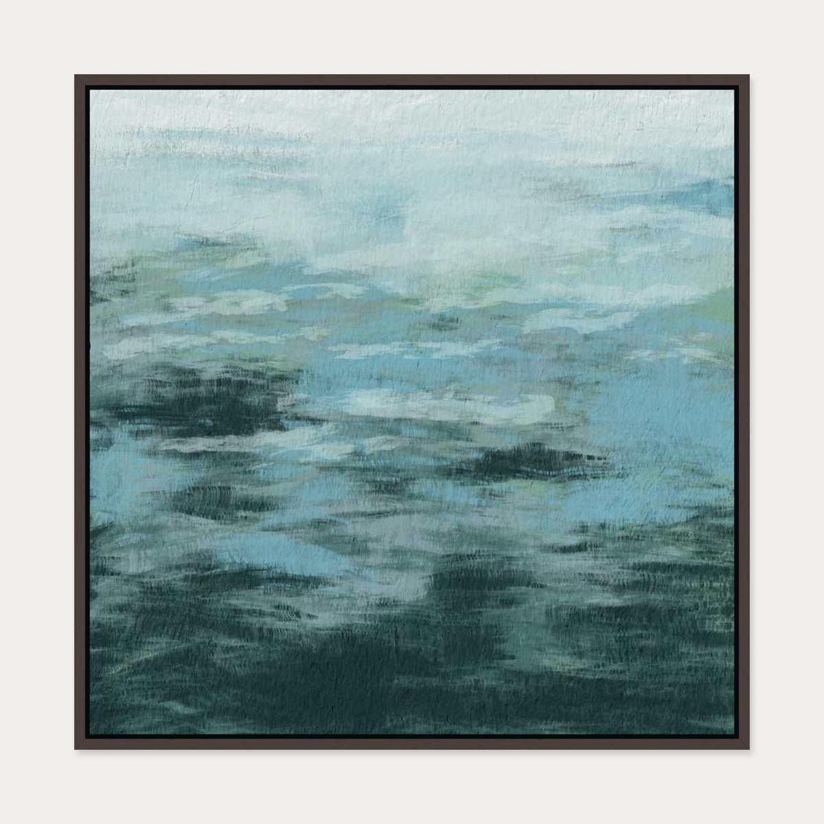 Teal Brush Strokes Abstract Canvas Art — 70 x 70 cm — Brown Frame