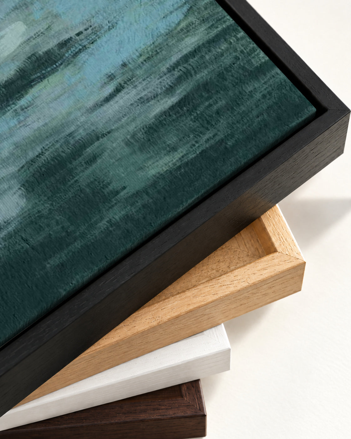 Teal Brush Strokes Abstract Canvas Art — framed canvas corner and wrapped canvas detail