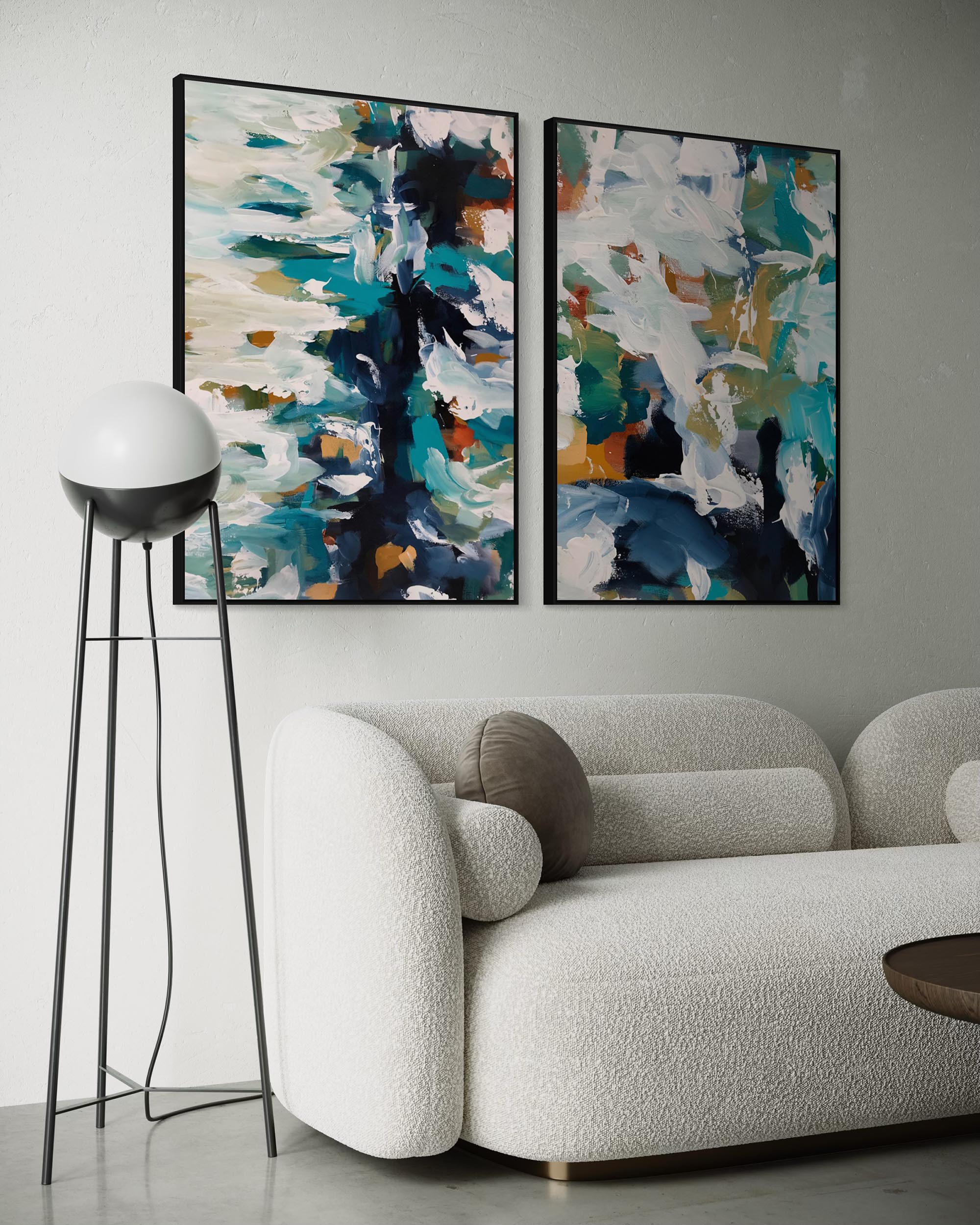 Modern living room with abstract art on the wall and a textured sofa.