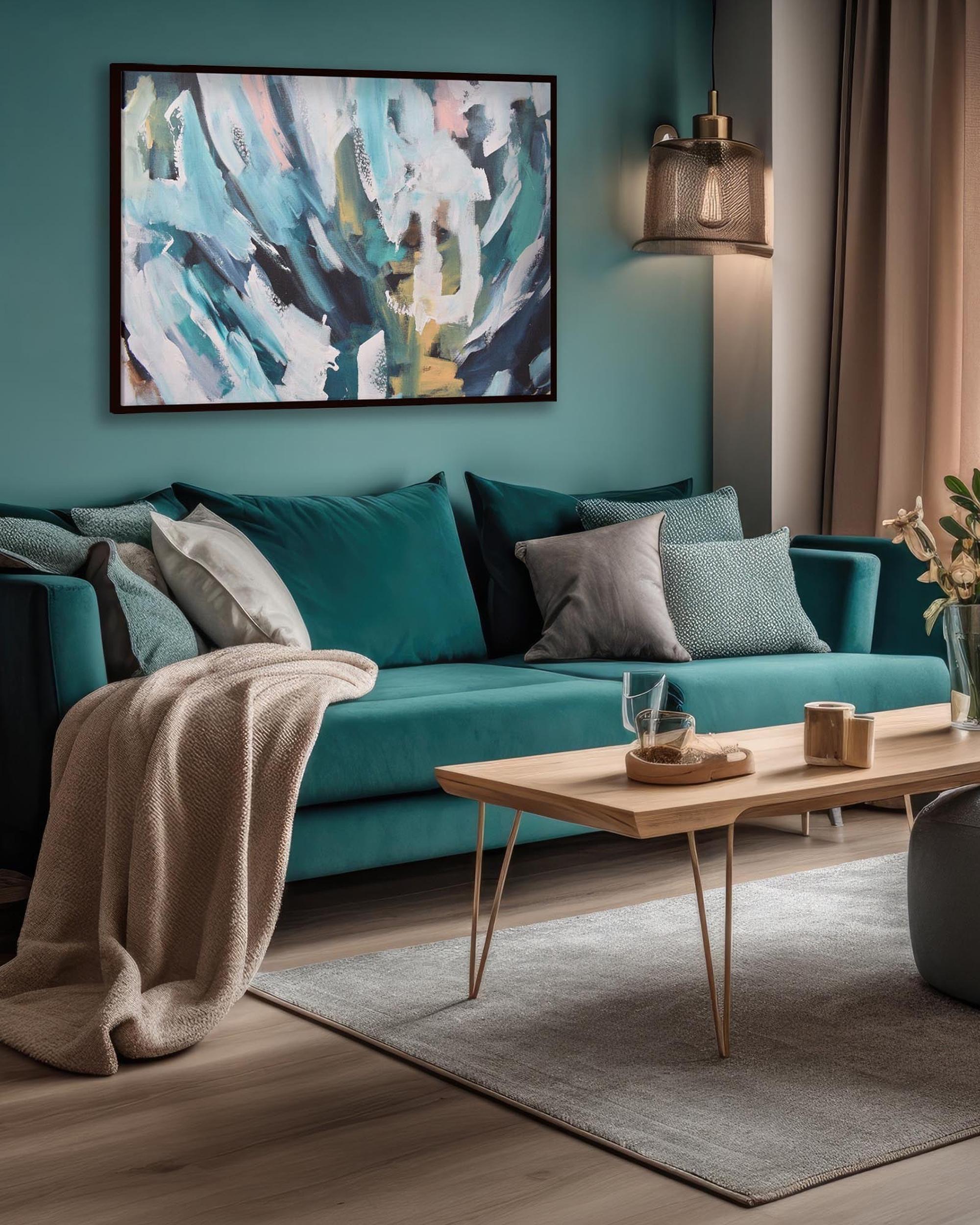 Modern living room with teal sofa, abstract painting, and wooden coffee table.