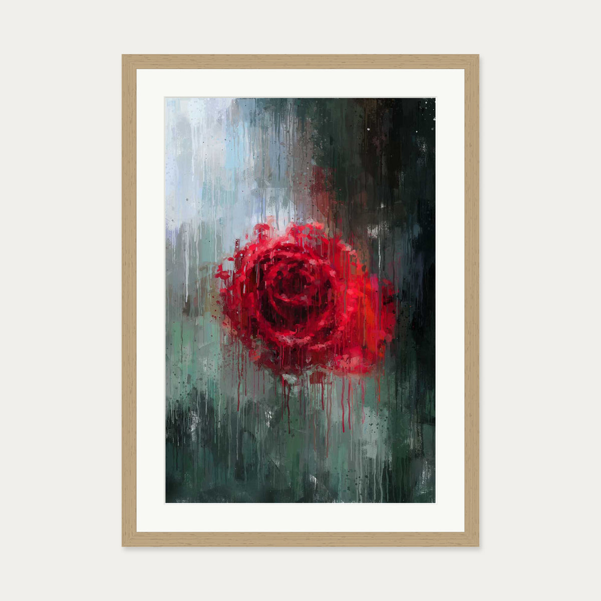 The Red Rose Impressionist Flowers Art Print — 50 x 70 cm — Oak Frame