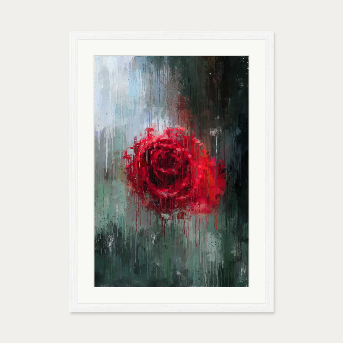 The Red Rose Impressionist Flowers Art Print — 50 x 70 cm — White Frame