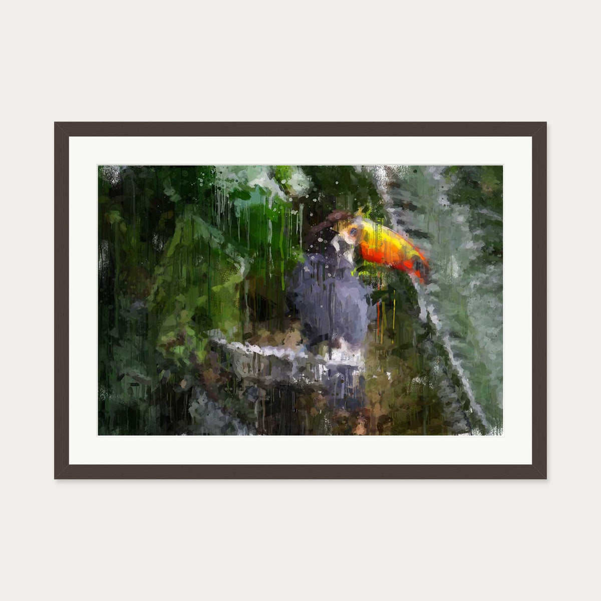 Toucan Impressionist Animal Art Print — 50 x 70 cm — Brown Frame