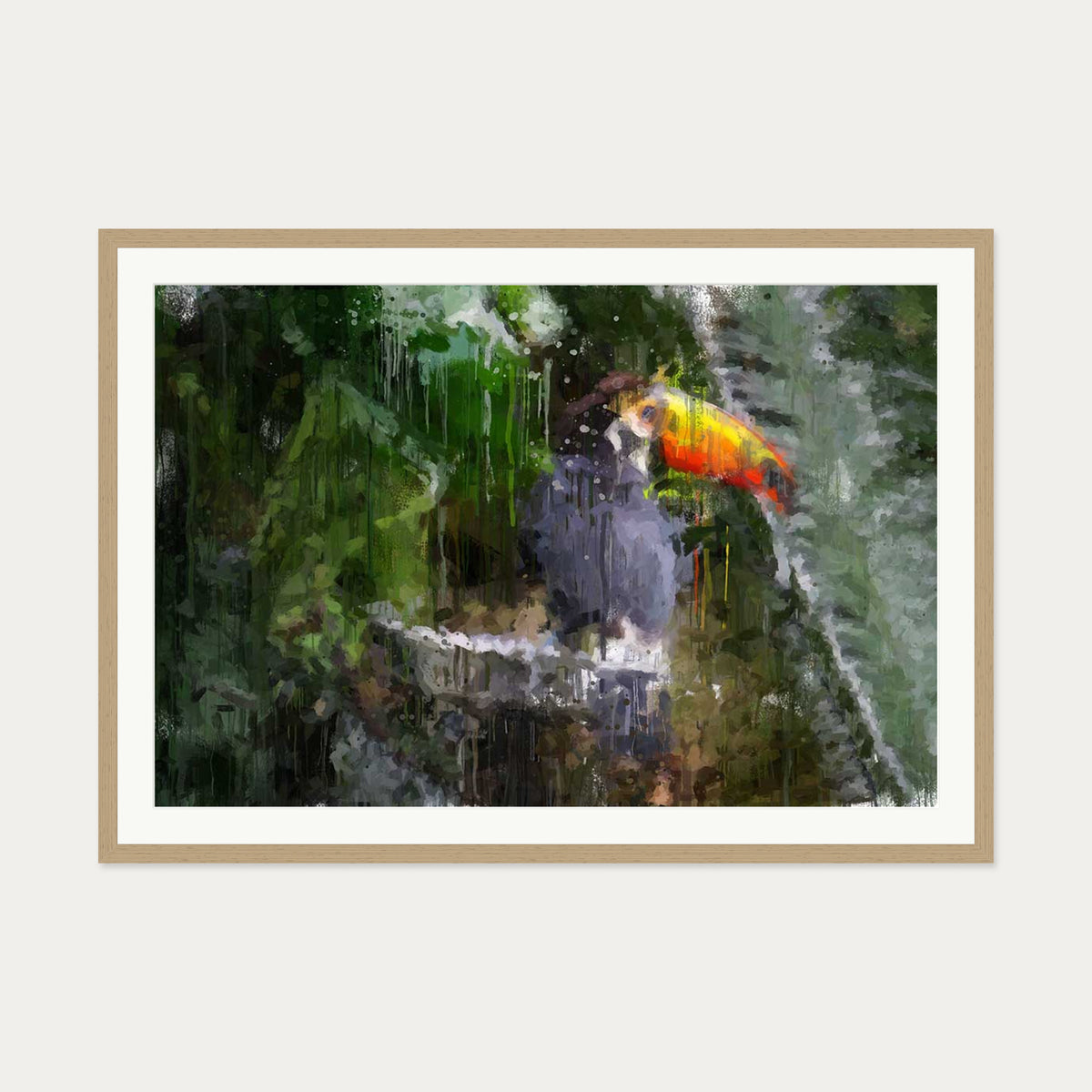 Toucan Impressionist Animal Art Print — 70 x 100 cm — Oak Frame