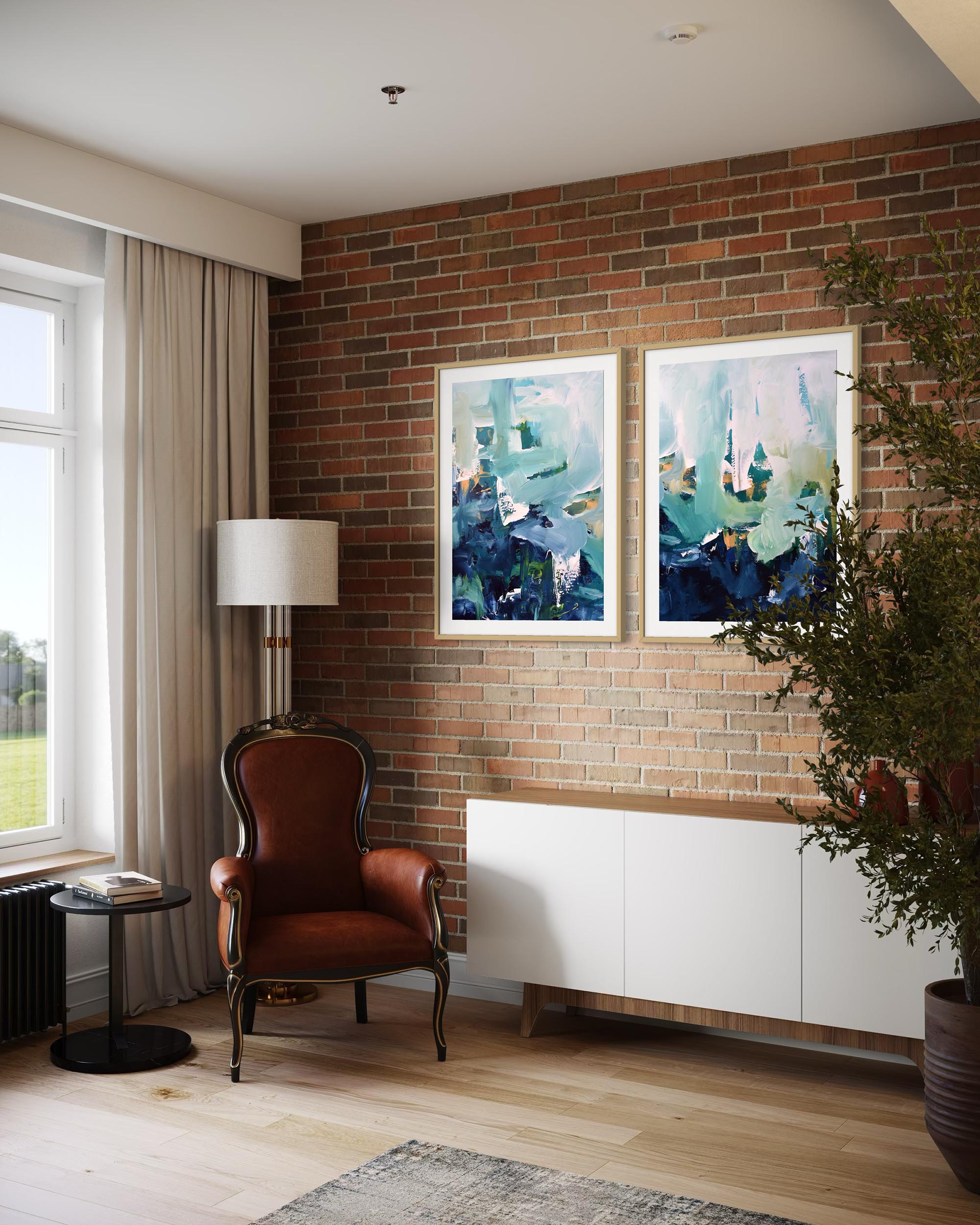 Living room with brick wall, white radiator, and framed abstract art.