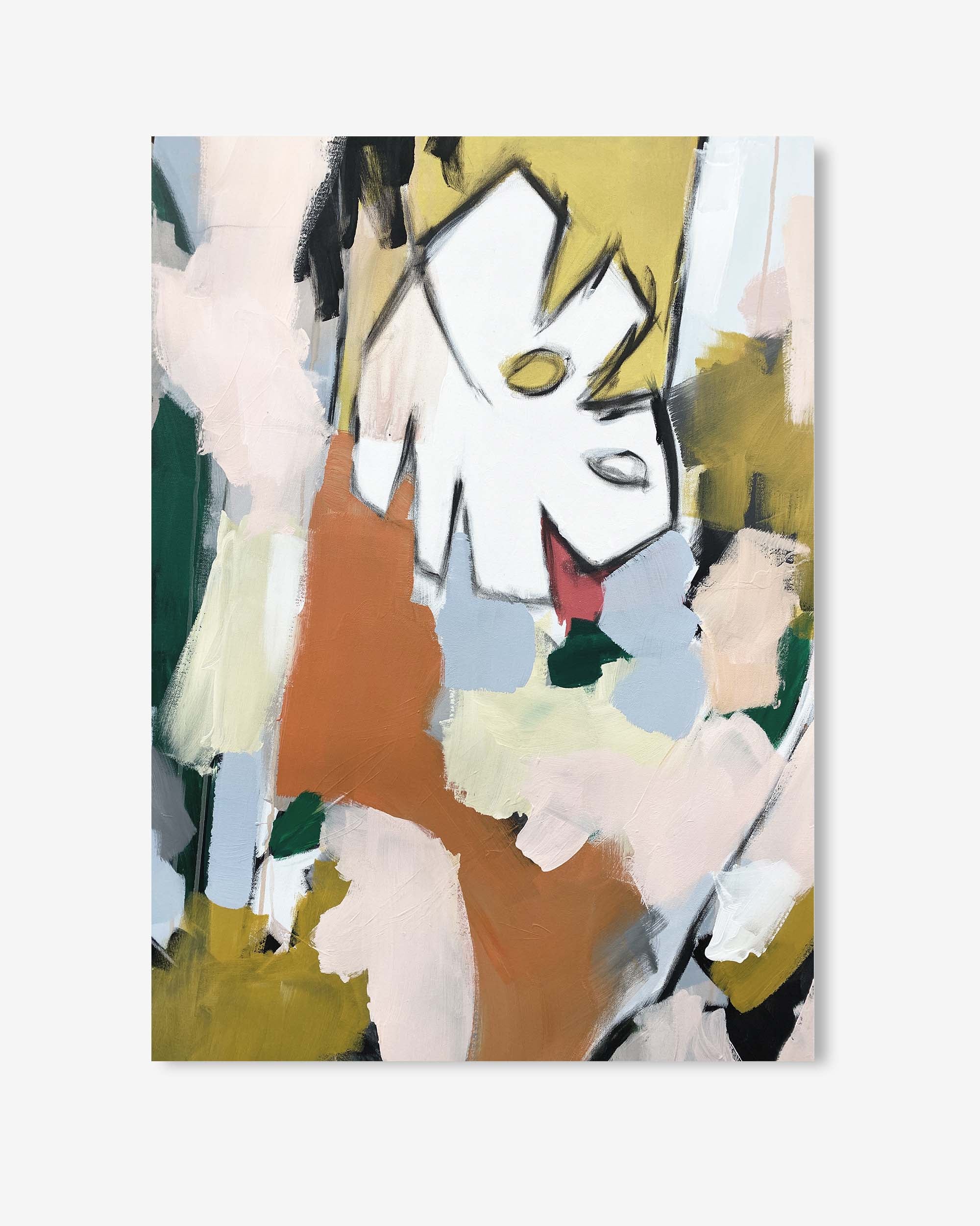 Abstract art piece with a collage of various shapes and colors on a white background