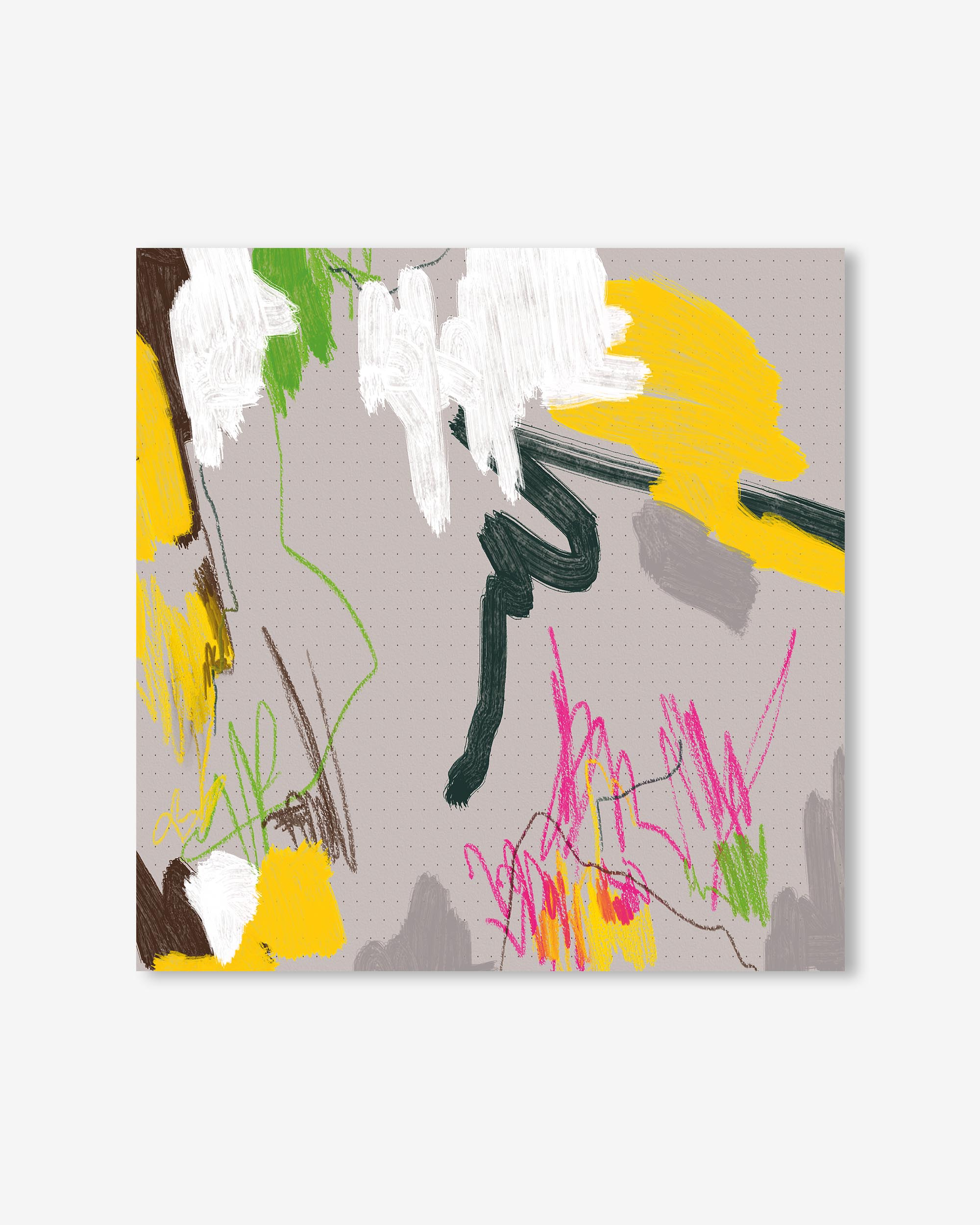 Abstract art print with colorful floral design on a gray background