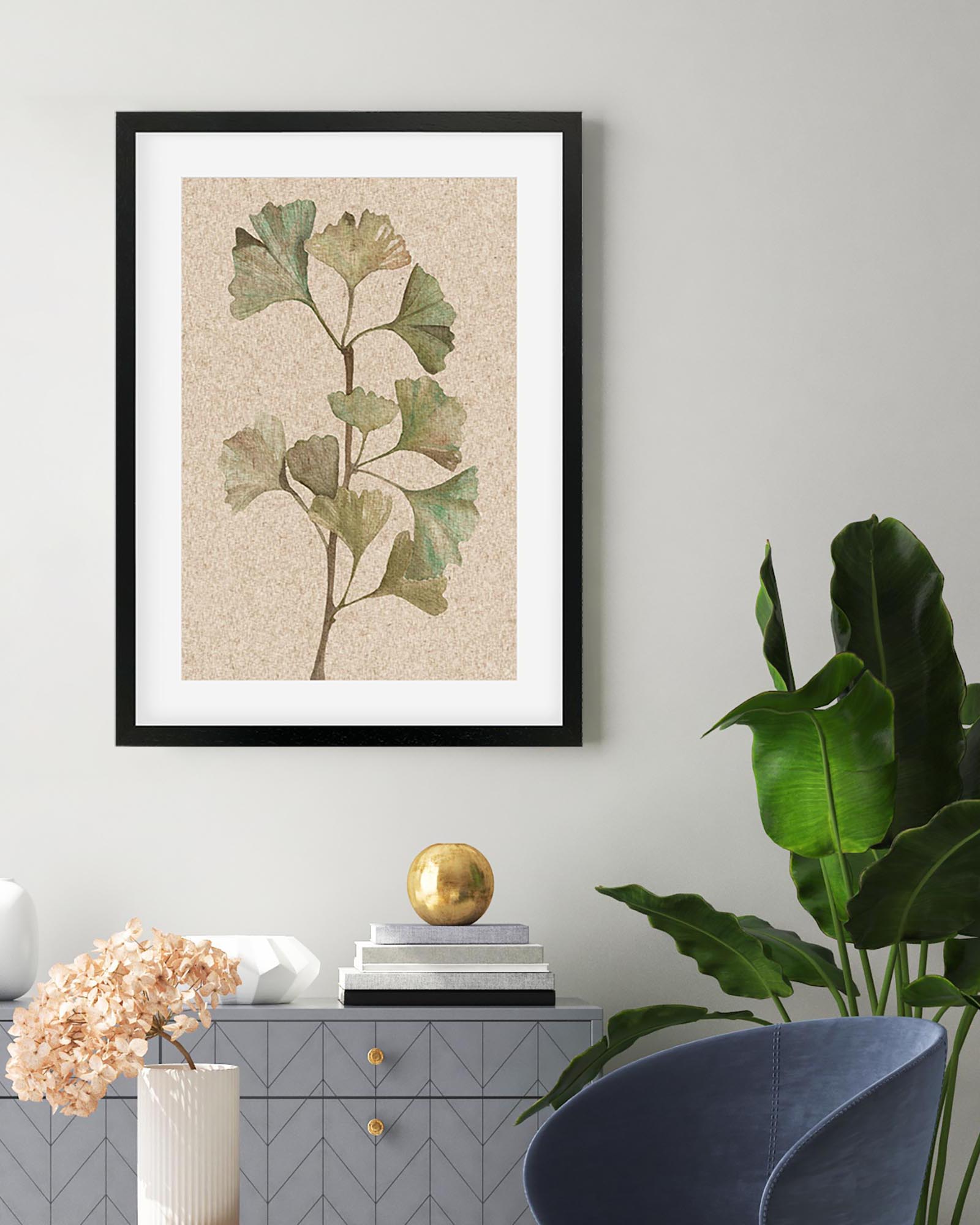 Framed botanical print on a wall with decorative items and a plant.