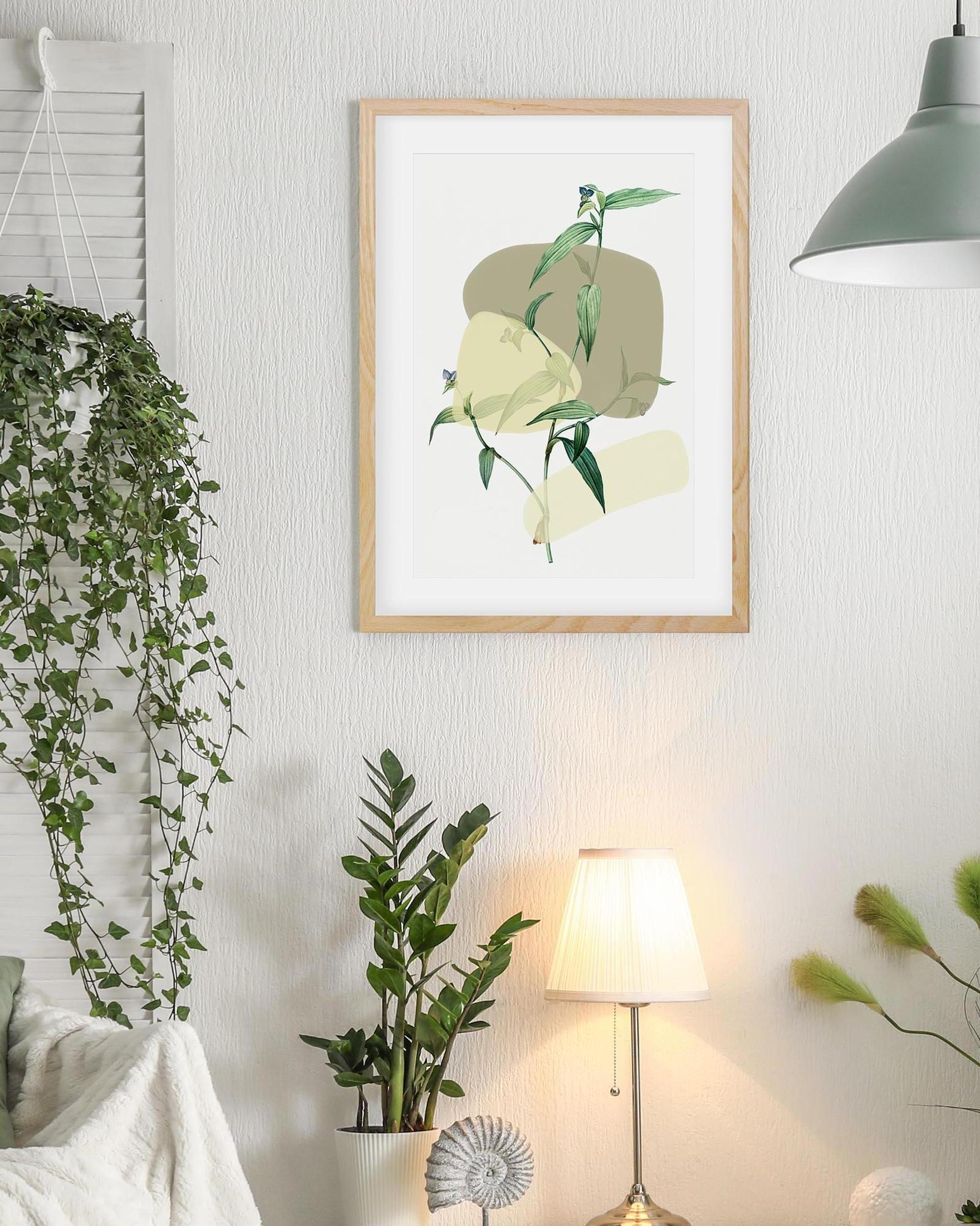 Framed artwork of a plant on a wall with indoor plants and a lamp in the room.