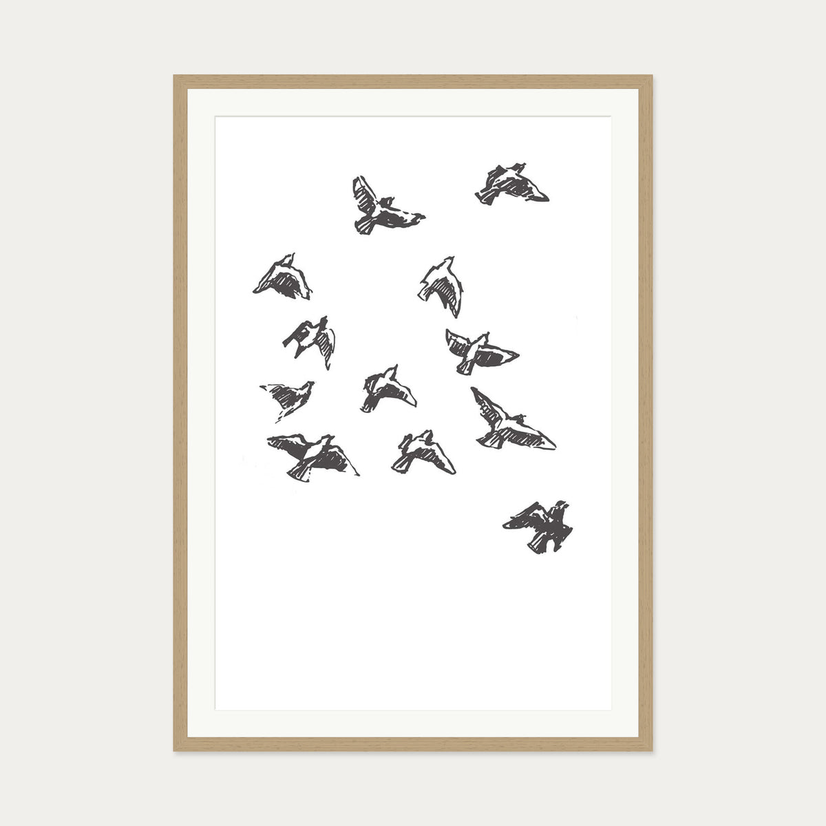 Watercolour Birds 2 Art Print — 70 x 100 cm — Oak Frame