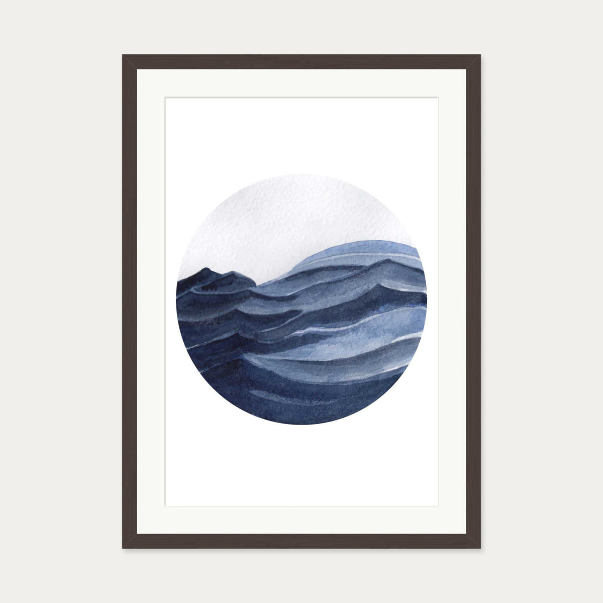 Watercolour Blue Seascape Art Print — 50 x 70 cm — Brown Frame