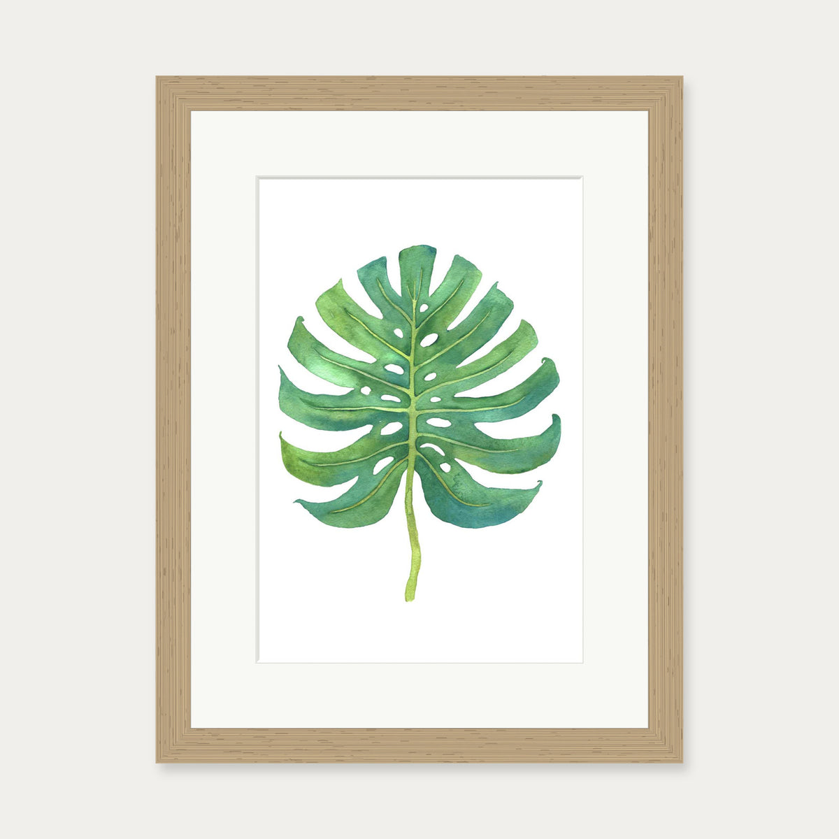 Watercolour Monstera Leaf Art Print — 30 x 40 cm — Oak Frame