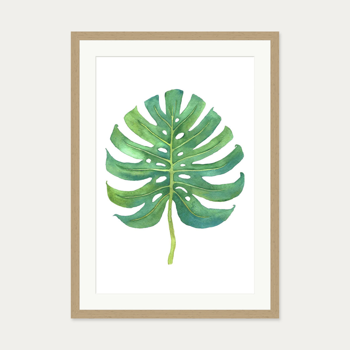 Watercolour Monstera Leaf Art Print — 50 x 70 cm — Oak Frame
