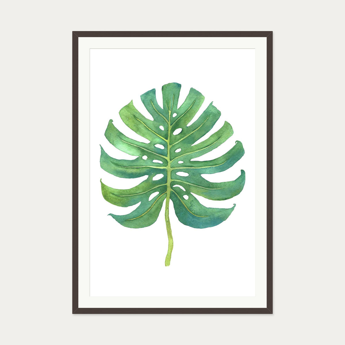 Watercolour Monstera Leaf Art Print — 70 x 100 cm — Brown Frame