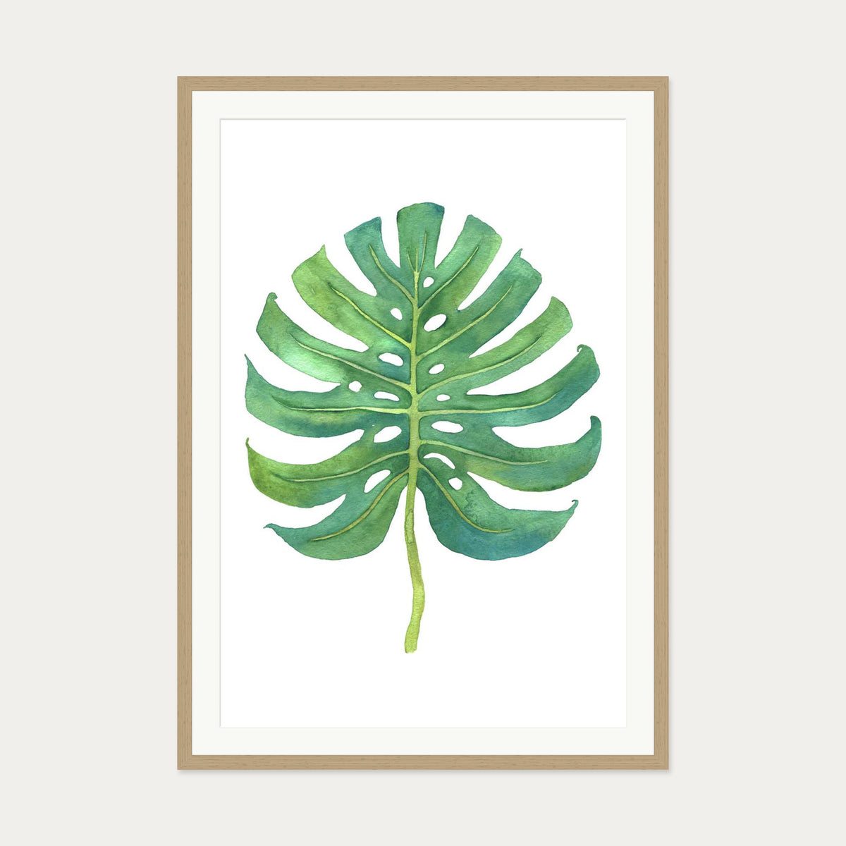 Watercolour Monstera Leaf Art Print — 70 x 100 cm — Oak Frame