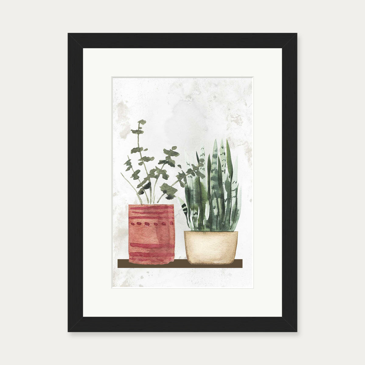 Watercolour Pair Of Potted Plants Art Print — 30 x 40 cm — Black Frame