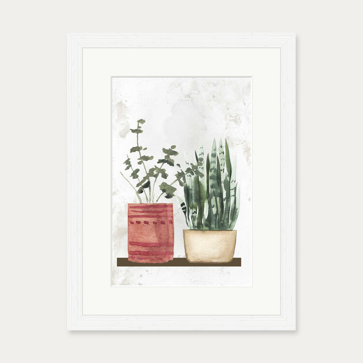 Watercolour Pair Of Potted Plants Art Print — 30 x 40 cm — White Frame