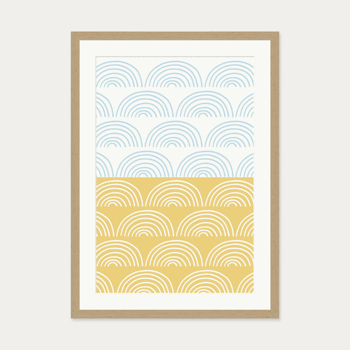 Waves Pattern Yellow & Blue Art Print — 50 x 70 cm — Oak Frame