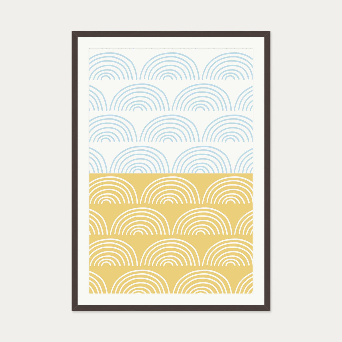 Waves Pattern Yellow & Blue Art Print — 70 x 100 cm — Brown Frame
