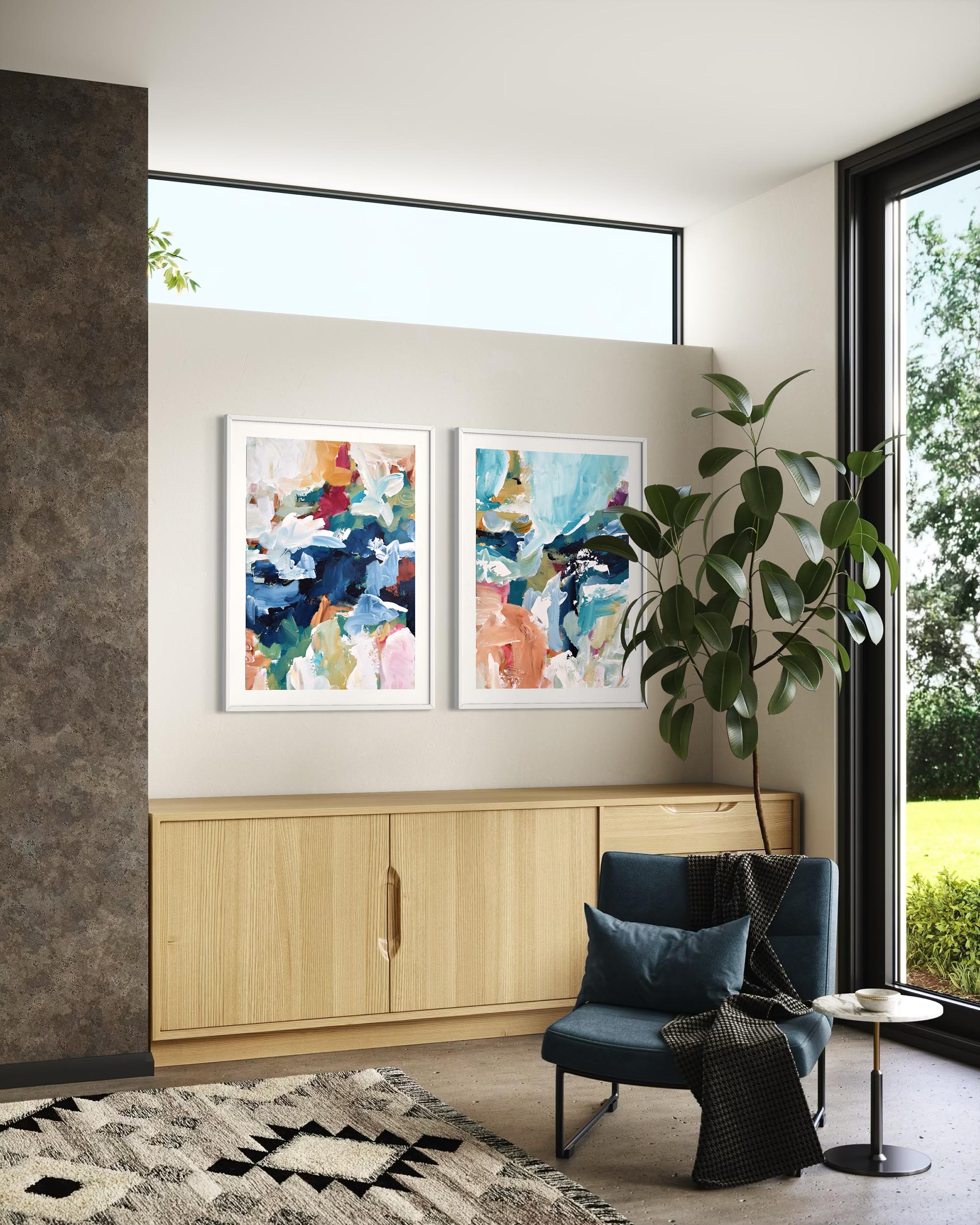 Modern living room with abstract art, a blue chair, and a plant.