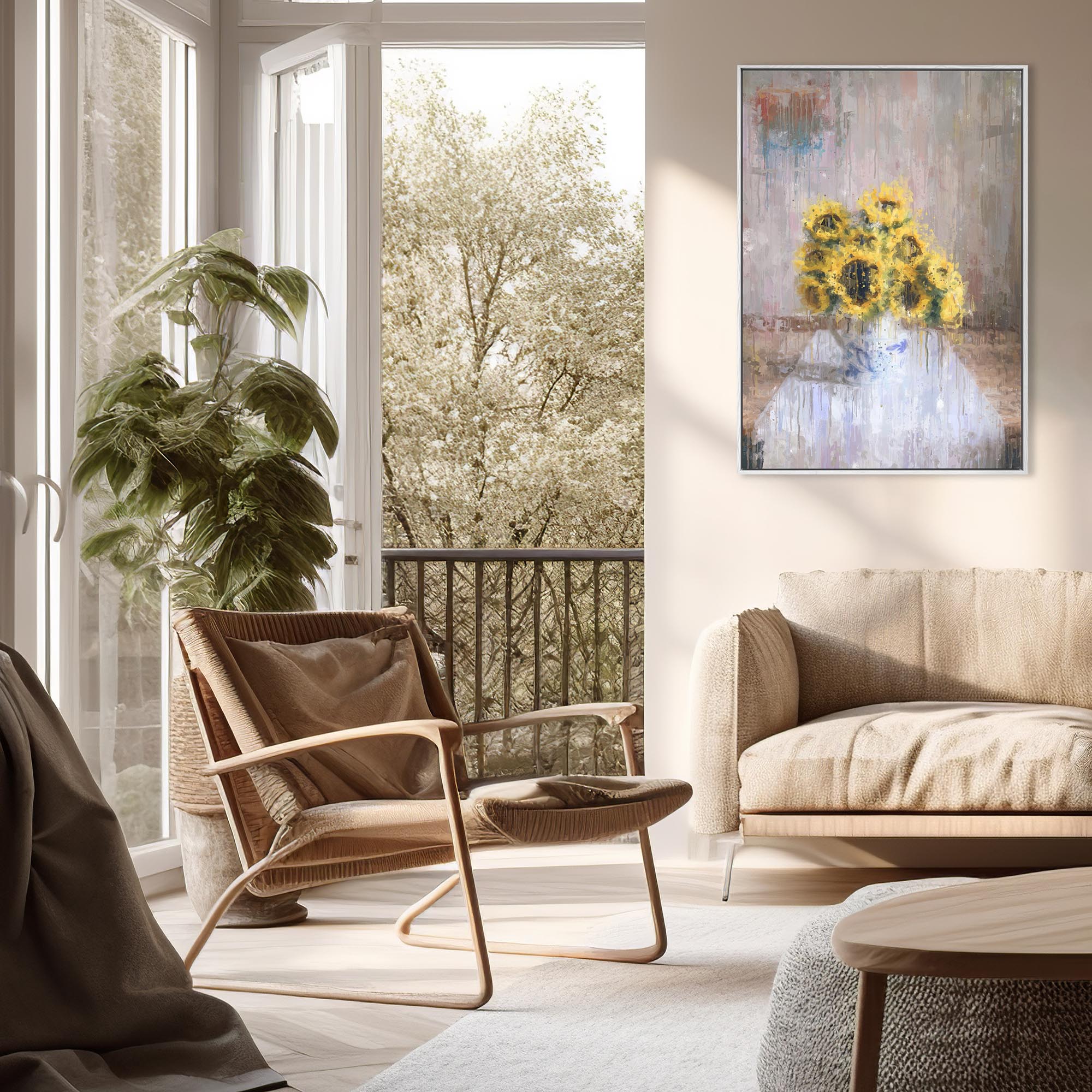 Sunflowers In A Vase Still Life Painting Framed Canvas-Abstract House